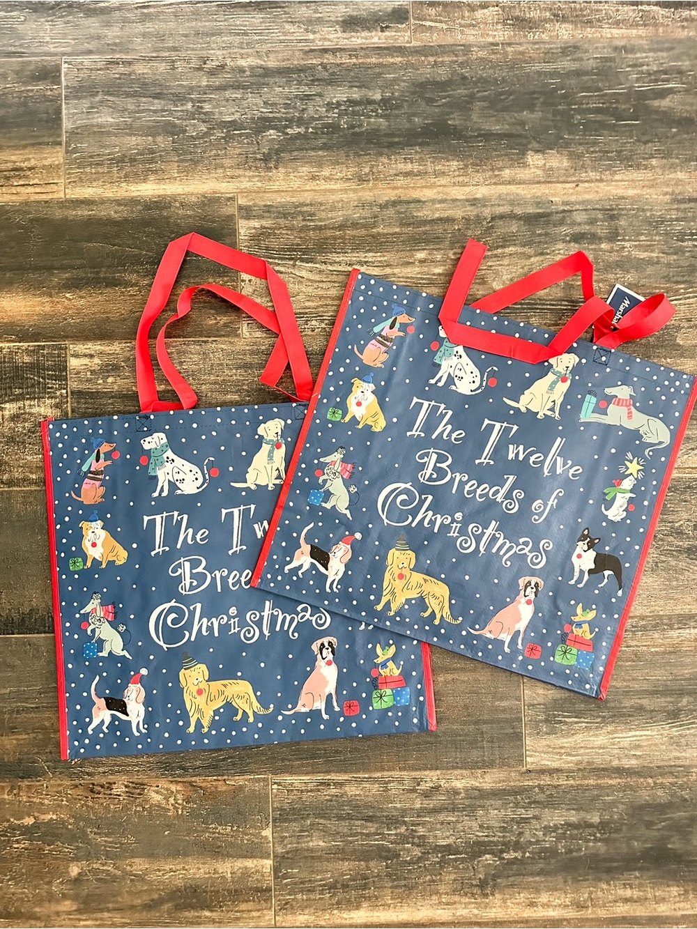 Two Christmas Holiday Dog Print Tote Bag - Blue & Red Polka Dot